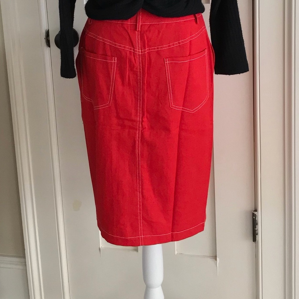 SALE Red Soft Denim Linen Pencil Skirt Button Up Pockets Cotton S M L - Picture 5 of 15